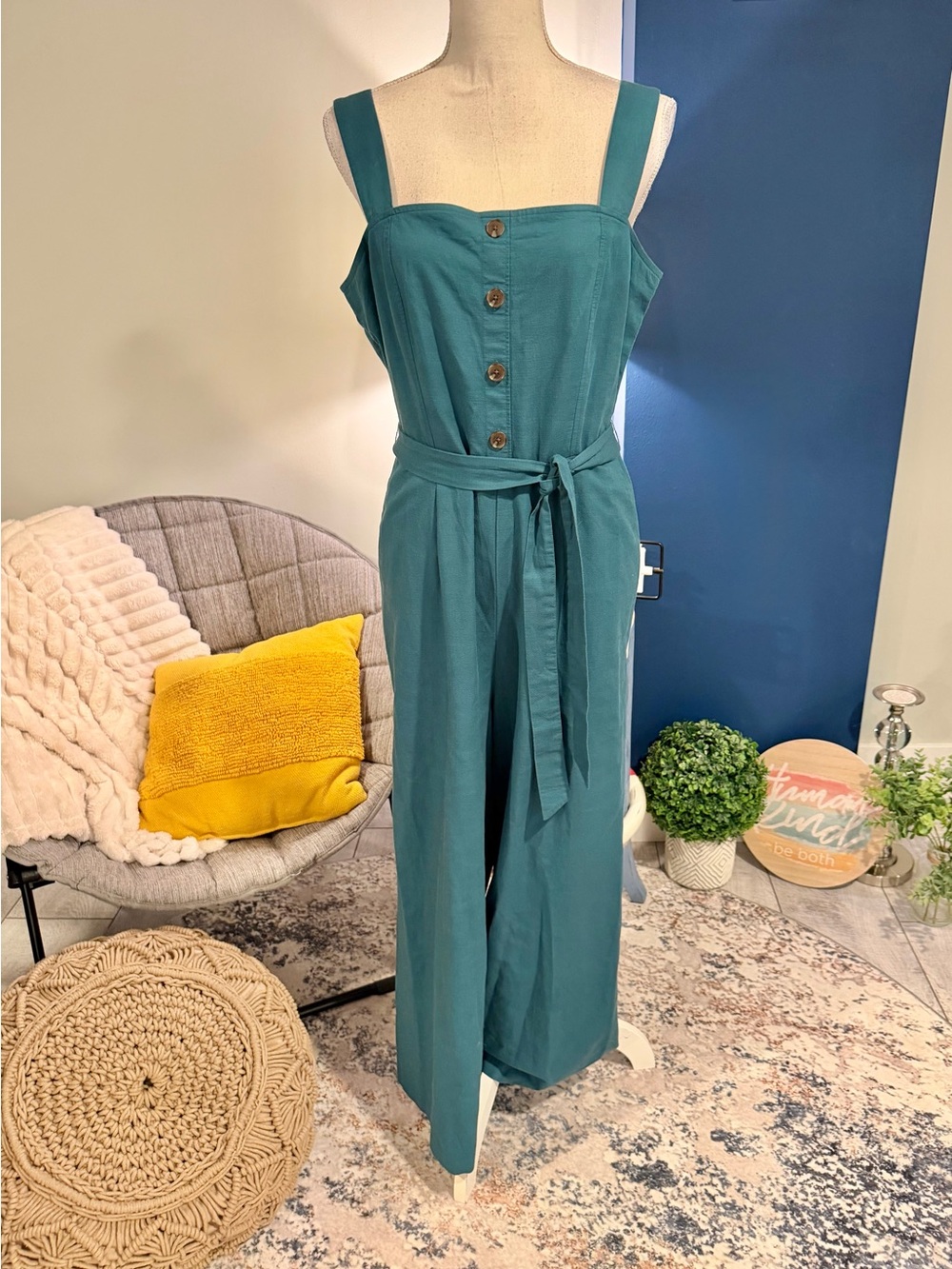 Ann Taylor Teal Belted Wide Leg Jumpsuit Size 10